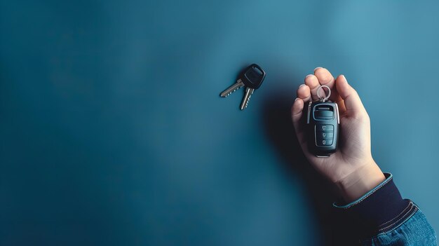 Purchasing leasing renting or purchasing a car with the vehicle and its keys in hand against a blue backdrop with copy space Generative AI