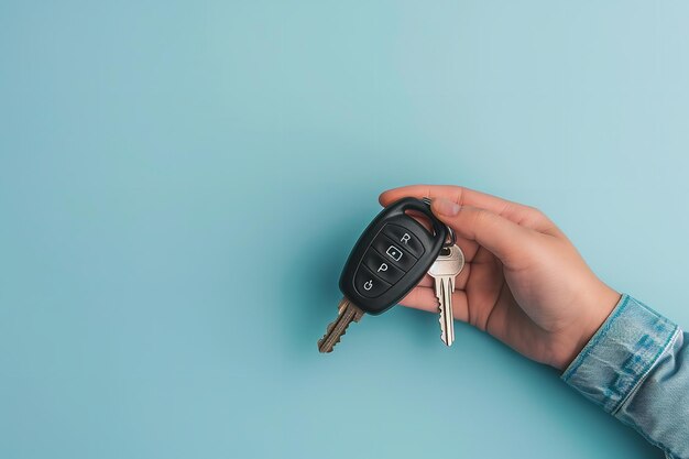 Purchasing leasing renting or purchasing a car with the vehicle and its keys in hand against a blue backdrop with copy space Generative AI