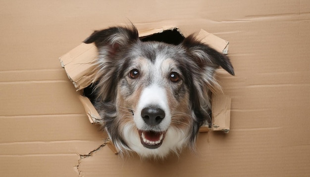 Photo pure breed border collie dog looking through hole on brown cardboard cute pet