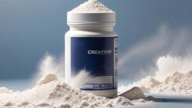 Pure creatine gepresenteerd in een dynamisch wit poederbeeld Welllit studio productbeeld