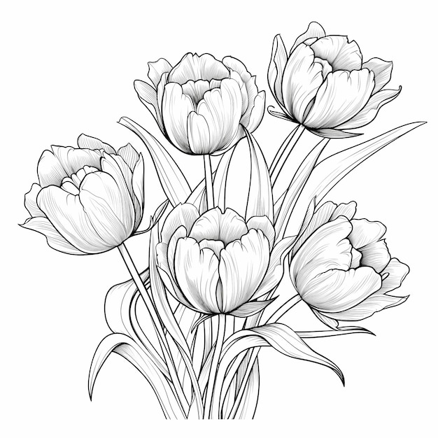 Pure Delight Coloring Book Page featuring Tulips with Crisp Lines Background