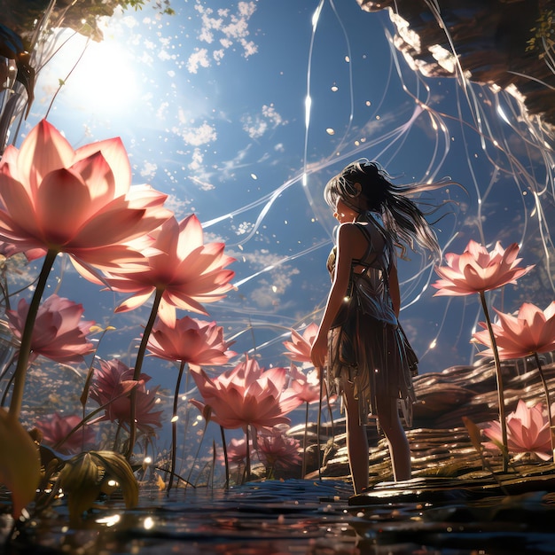 Pure Girl Blooming Pink Lotus in Dreamy Atmosphere