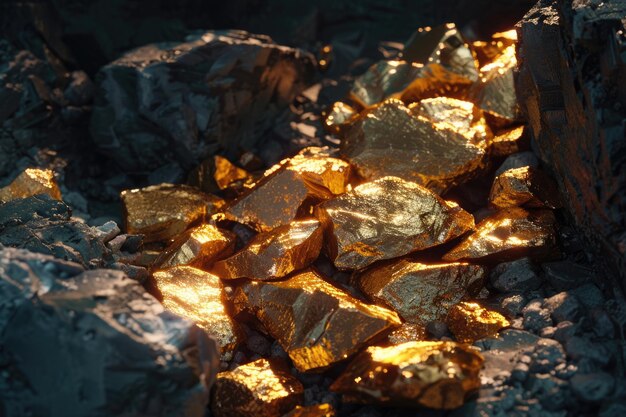 The pure gold ore found in the mine on a stone floor