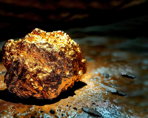 Photo the pure gold ore found in the mine on a stone floor