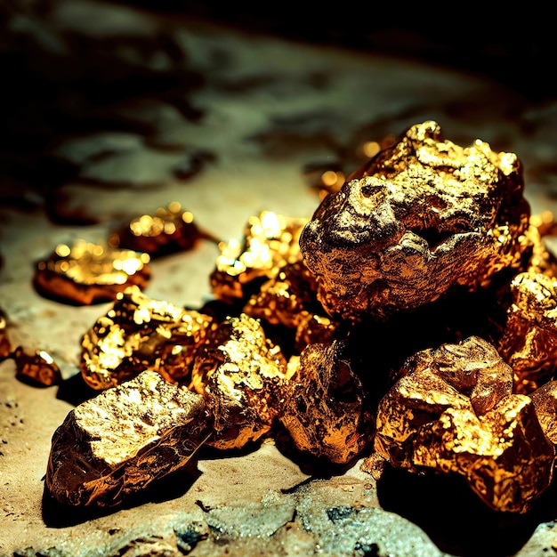 Photo the pure gold ore found in the mine on a stone floor