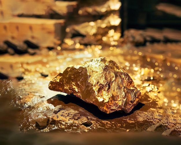 Photo the pure gold ore found in the mine on a stone floor