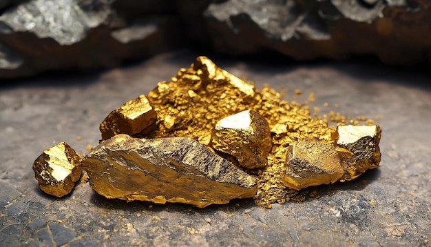 The pure gold ore found in the mine on a stone floor