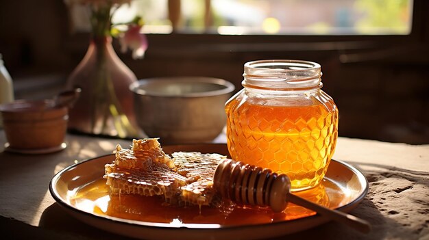 Pure honey on honeycomb in a glass bowl