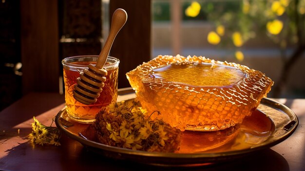 Pure honey on honeycomb in a glass bowl