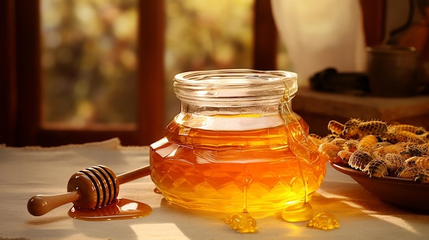 Pure Honey on Honeycomb in a Glass Bowl