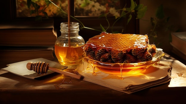 Pure Honey on Honeycomb in Glass