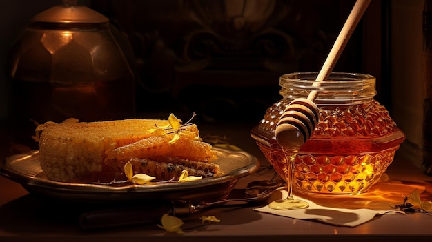 Pure Honey on Honeycomb in Glass