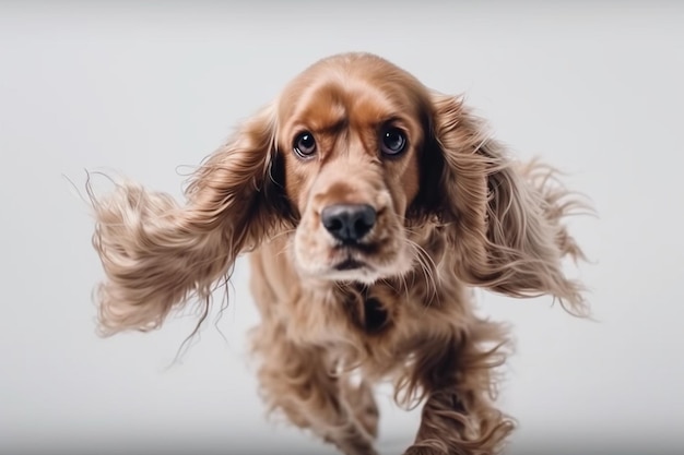 Pure jeugd gekke engelse cocker spaniel jonge hond poseert schattige speelse whitebraun hondje of huisdier speelt en kijkt gelukkig geïsoleerd op witte achtergrond concept van beweging actie beweging