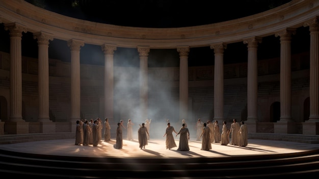 Фото Чистые светлые актеры в греческом играют сложные тени на сцене