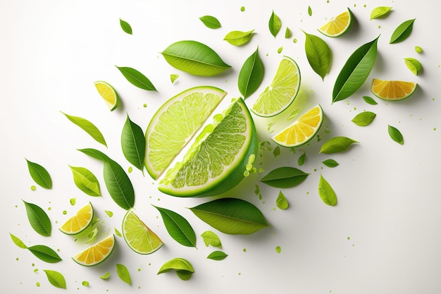 Pure lime fruit Lime leaf half entire and slices on white lime slices and leaves falling Fruit in flight whole field of view