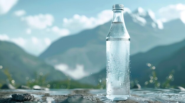 Foto acqua minerale pura in una bottiglia di vetro liquido pulito sullo sfondo della montagna