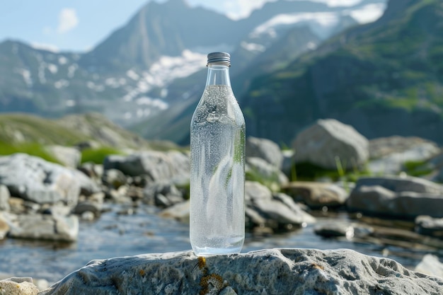 Фото Чистая минеральная вода в стеклянной бутылке чистая жидкость на горном фоне здоровый напиток