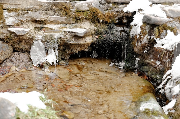 Pure mountain stream on winter day