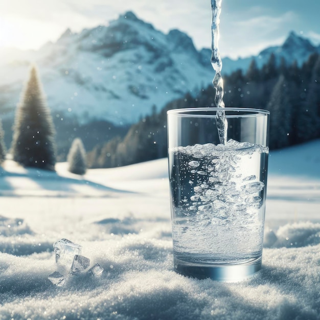 pure natural water from the mountains is poured from a bottle into a glass ai generative