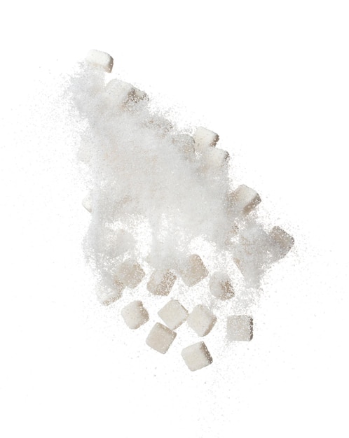 Pure Refined Sugar cube flying explosion white crystal sugar abstract cloud fly Pure refined sugar cubes splash stop in air food object design white background isolated high speed freeze motion