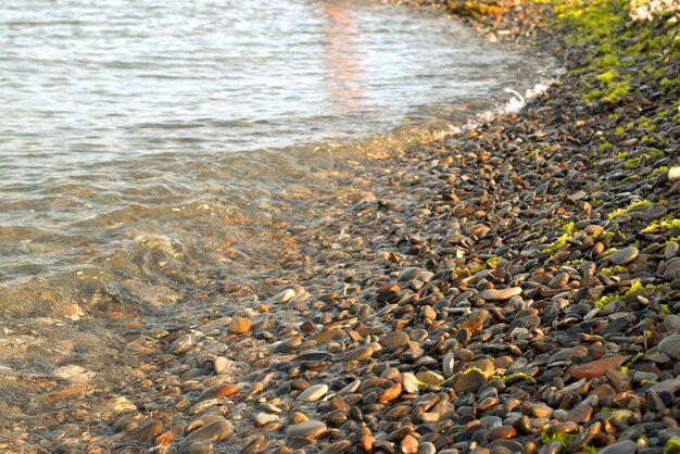 純粋な透明な海の波が岩の多い小石の海岸を転がり、休息と旅行の静けさの概念、暖かい夏の日のクローズアップでの反射