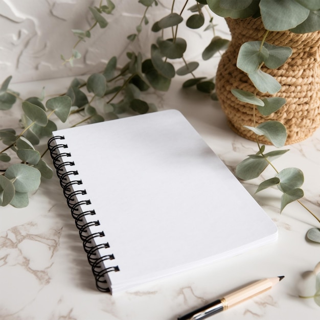 Pure White A5 Spiral Notebook Mockup Standing Next to Pen
