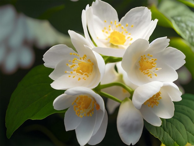 ぼやけた背景に純白のジャスミンの花