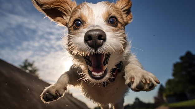 純血の活発な犬が動きながら湿った地面で走り太陽の光と空の背景でボールを捕まえています