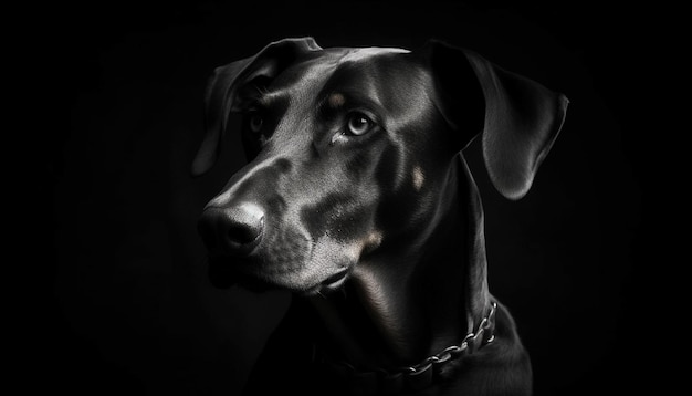 Purebred black retriever puppy sitting looking at camera with loyalty generated by ai