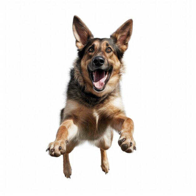 The purebred dog is very happy jumping on a white background Generated by AI