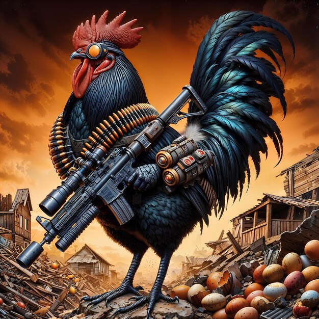 Photo purebred militia rooster protecting freerange eggs