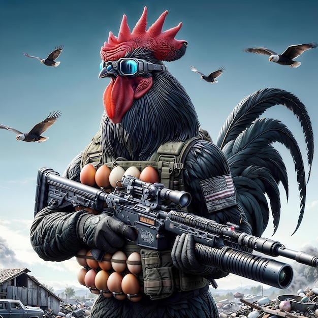 Photo purebred militia rooster protecting freerange eggs