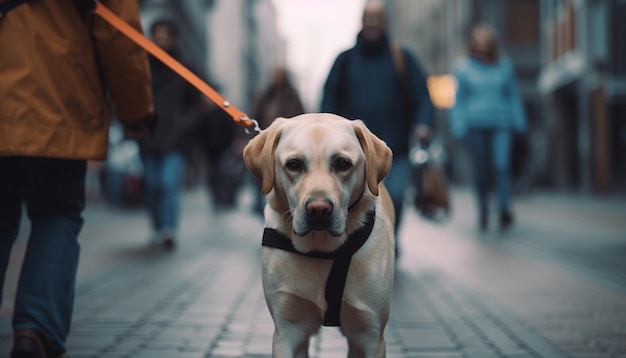 Purebred retriever walking on leash with owner generated by AI