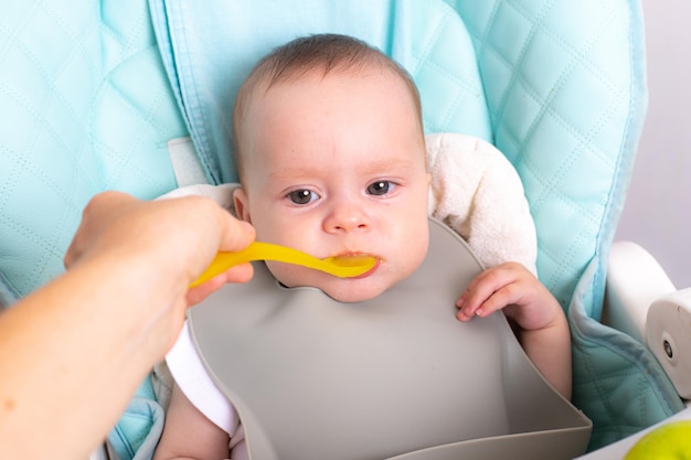 Puree for baby food with vegetables and fruits Selective focus nutrition The first complementary feeding of the child