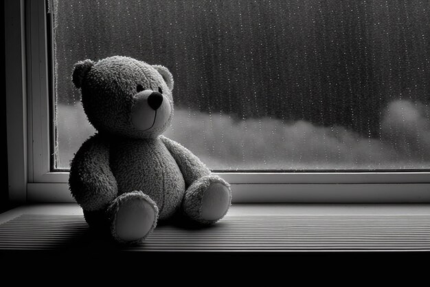 Purely binary consisting of black and white A Look Back Doll of a lonely bear sitting by a window