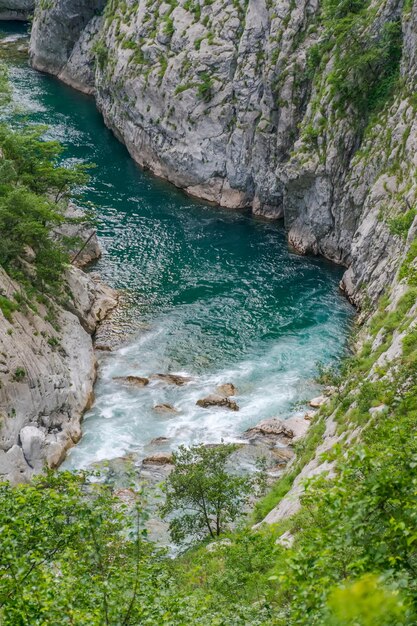 The purest waters of the turquoise color of the river Moraca flowing among the canyons Montenegro