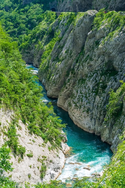 The purest waters of the turquoise color of the river Moraca flowing among the canyons Montenegro