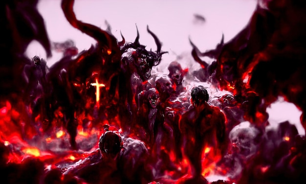 Foto fuoco del purgatorio all'inferno una folla di persone peccaminose sta bruciando all'inferno nel fuoco infernale la porta del mondo sotterraneo infernale diavoli demoni e ghoul tormentano le persone peccaminose illustrazione 3d