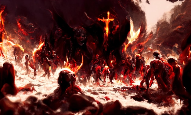 Foto fuoco del purgatorio all'inferno una folla di persone peccaminose sta bruciando all'inferno nel fuoco infernale la porta del mondo sotterraneo infernale demoni e ghoul diavoli tormentano le persone peccaminose illustrazione 3d