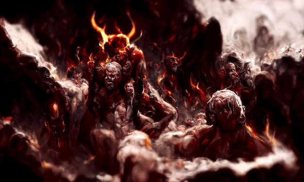 Foto fuoco del purgatorio all'inferno una folla di persone peccaminose sta bruciando all'inferno nel fuoco infernale la porta del mondo sotterraneo infernale diavoli demoni e ghoul tormentano le persone peccaminose illustrazione 3d