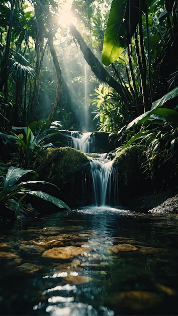 Foto purified holy water photoshoot highresolution 4k jungle setting con komorebi e godrays