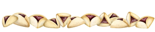 Photo purim horizontal banner with haman ears, watercolor hamantaschen cookies on white isolated