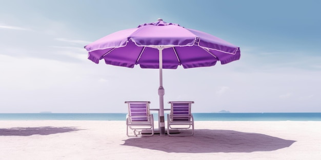 Purpere Paraplu met Strandstoelen op Tropisch Strand Blauwe Hemelachtergrond Generatieve AI