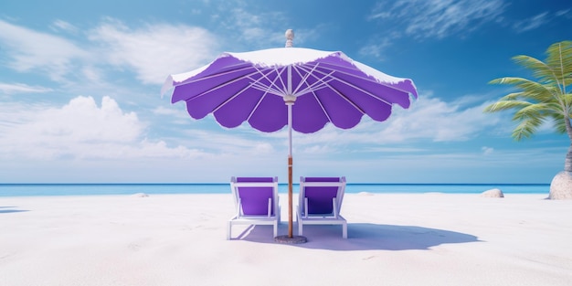 Foto purpere paraplu met strandstoelen op tropisch strand blauwe hemelachtergrond generatieve ai