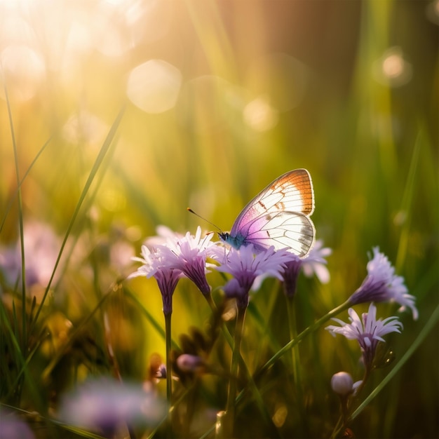 Purpere vlinder op wilde witte violette bloemen