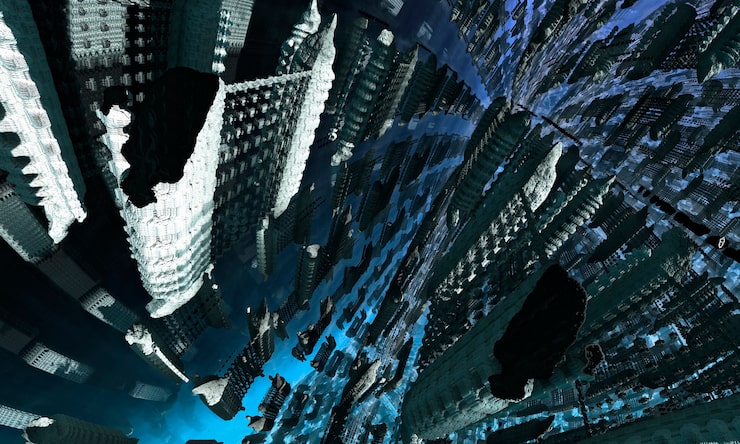Photo purple 3d fractal landscape - layered patterns on each side of the image, recursive array of curves lined up with different iterative complex geometric patterns. 3d rendering.