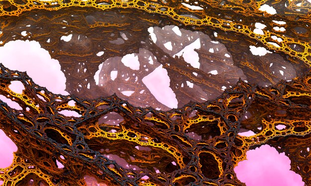 purple 3d fractal landscape - layered patterns on each side of the image, recursive array of curves lined up with different iterative complex geometric patterns. pink and purple color scheme