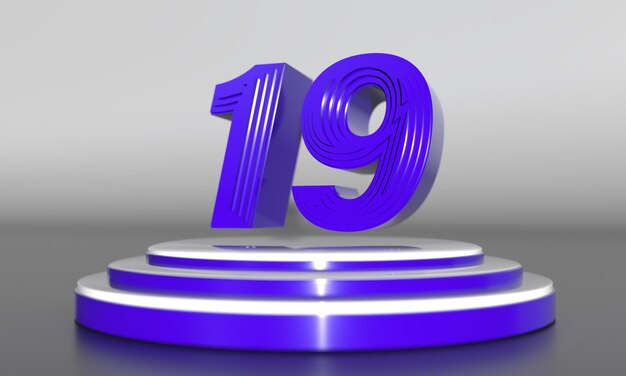 Purple 3d number number above triple gold pedestal with dark background by 3d rendering