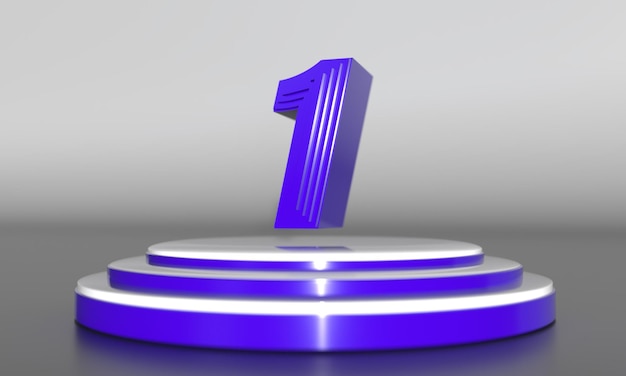 Purple 3d number number above triple gold pedestal with dark background by 3d rendering