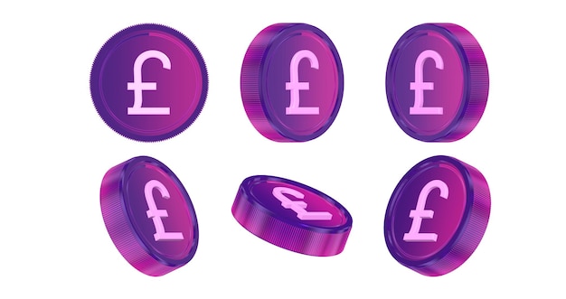 Фото Фиолетовые 3d монеты фунта стерлингов в разных ракурсах на белом фоне